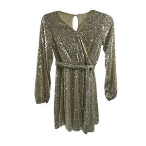GB Girls NWT Ivory Long Sleeve Sequin Faux Wrap Dress Size M
